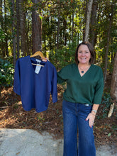 Load image into Gallery viewer, Drop shoulder 3/4 sleeves solid v neck top, soft texture.