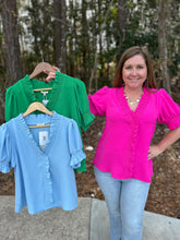 Load image into Gallery viewer, Solid V Neck Top with Smocked Frilled Edges