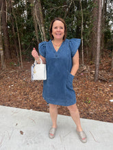 Load image into Gallery viewer, Denim v-neck flutter sleeve mini dress. Slant pockets at front. Back zipper