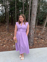 Load image into Gallery viewer, sleeveless midi dress featuring zipper closure at front with smocked waist