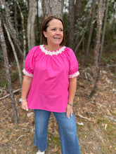 Load image into Gallery viewer, Solid short puff sleeve top w/ applique band finish