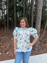 Load image into Gallery viewer, Blue Floral Button Top with Puff Sleeve