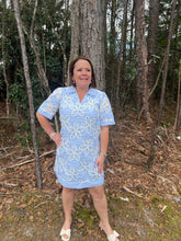 Load image into Gallery viewer, Blue Floral Eyelet Striped Wide Short Sleeve Dress