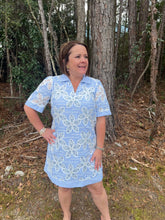Load image into Gallery viewer, Blue Floral Eyelet Striped Wide Short Sleeve Dress