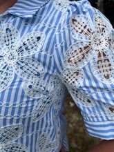 Load image into Gallery viewer, Blue Floral Eyelet Striped Wide Short Sleeve Dress
