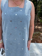 Load image into Gallery viewer, Sleeveless Denim Mini Dress With Rhinestone Detaiil