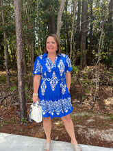 Load image into Gallery viewer, Collared V Neck Border Print Dress with Sash
