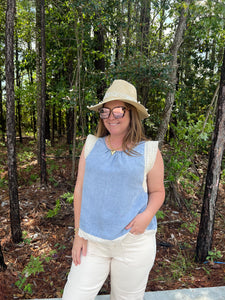 Sleeveless Chambray Top with Lace