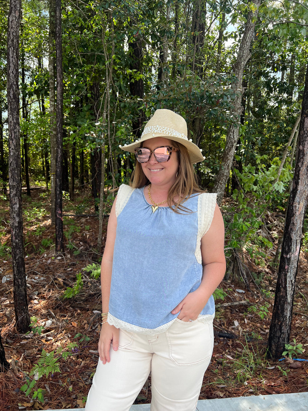 Sleeveless Chambray Top with Lace