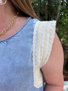 Sleeveless Chambray Top with Lace