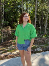 Load image into Gallery viewer, 3/4 puff sleeves button down solid top