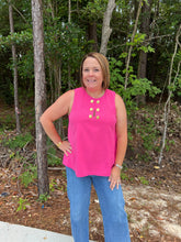 Load image into Gallery viewer, Solid sleeveless top featuring gold accented fixed keyhole at front