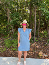 Load image into Gallery viewer, Denim v-neck flutter sleeve mini dress. Slant pockets at front. Back zipper