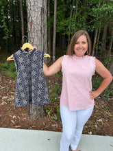 Load image into Gallery viewer, Floral embroidered sleeveless top featuring scallop embroidered ruffle neck