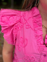 Load image into Gallery viewer, Solid cotton floral appliqué bubble flutter sleeve top featuring ruffle top