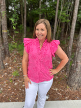 Load image into Gallery viewer, Solid cotton floral appliqué bubble flutter sleeve top featuring ruffle top