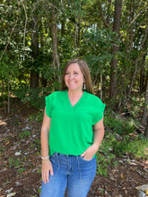 Load image into Gallery viewer, Solid V-neck top with a frilled detail, and short sleeves