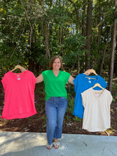 Load image into Gallery viewer, Solid V-neck top with a frilled detail, and short sleeves