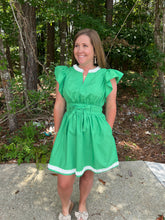 Load image into Gallery viewer, Solid flutter sleeve pullover mini dress featuring wave pattern applique finish at neck and hem.