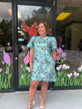 Load image into Gallery viewer, Floral Jacquard Seafoam Dress with Scalloped Edges