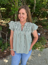 Load image into Gallery viewer, Ruffle Sleeve Woven Stripe top with pintuck detail