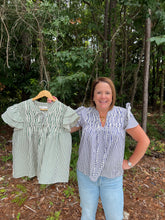 Load image into Gallery viewer, Ruffle Sleeve Woven Stripe top with pintuck detail