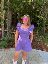 Load image into Gallery viewer, Game Day Cut-Out Denim Romper with Flutter Sleeves
