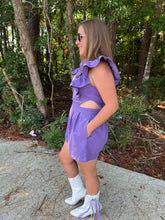 Load image into Gallery viewer, Game Day Cut-Out Denim Romper with Flutter Sleeves