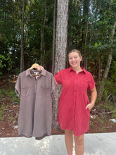 Load image into Gallery viewer, Drop Shoulder Button Up Suede Shirt Dress