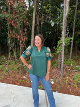 Load image into Gallery viewer, Solid ruffle accent V-neck top with floral embroidered  puff sleeve