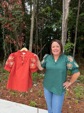 Load image into Gallery viewer, Solid ruffle accent V-neck top with floral embroidered  puff sleeve