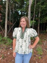 Load image into Gallery viewer, Abstract pattern embroidered short puff sleeve top