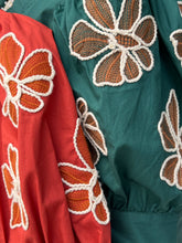 Load image into Gallery viewer, Solid ruffle accent V-neck top with floral embroidered  puff sleeve