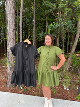 Load image into Gallery viewer, Solid ruffle accent button closure ruffle hem mini dress