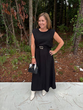 Load image into Gallery viewer, Slit hem midi dress with embellished gold accent fastener belt