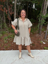 Load image into Gallery viewer, Striped ruffle hem zip front dress with raglan bubble sleeves