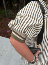 Load image into Gallery viewer, Striped ruffle hem zip front dress with raglan bubble sleeves