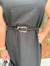 Load image into Gallery viewer, Slit hem midi dress with embellished gold accent fastener belt