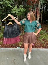 Load image into Gallery viewer, Faux leather pleated skirt featuring hidden self shorts