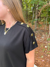 Load image into Gallery viewer, Solid short sleeve dress with decorative gold button detail
