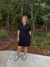Load image into Gallery viewer, Solid short sleeve dress with decorative gold button detail