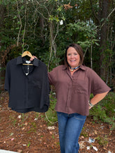 Load image into Gallery viewer, Solid short sleeve button-front top relaxed drop shoulder