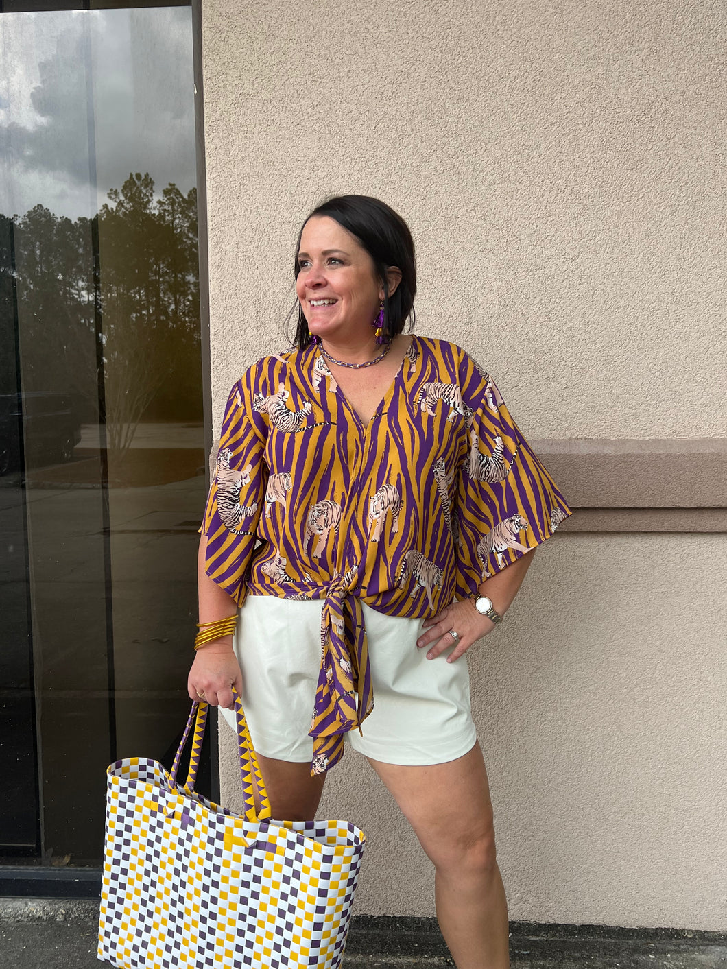 Roarin LSU front tie kimono sleeve top