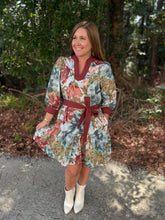 Load image into Gallery viewer, Botanical print 3/4 sleeve mini dress featuring scallop trim V-neck and self-tie waist belt. Side pockets.