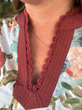 Load image into Gallery viewer, Botanical print 3/4 sleeve mini dress featuring scallop trim V-neck and self-tie waist belt. Side pockets.