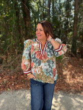 Load image into Gallery viewer, Floral print 3/4 puff sleeve top featuring contrast trim V-neck band and cuffs