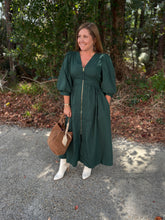 Load image into Gallery viewer, Solid ¾ sleeve midi dress featuring smocked waistband.
