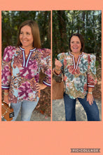 Load image into Gallery viewer, Floral print 3/4 puff sleeve top featuring contrast trim V-neck band and cuffs