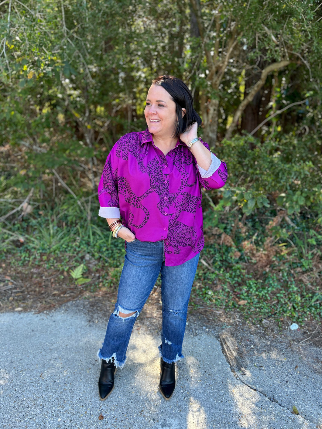 G10851 Satin Animal Long Dolman Sleeves top