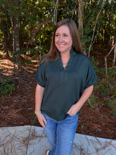 Load image into Gallery viewer, Solid short sleeve top featuring split V-neck with collar band. Elasticated sleeve openings.